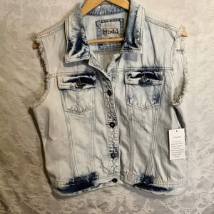 Mudd Womens Denim Vest Light‎ Wash Distressed Frayed Sleeveless Jacket
